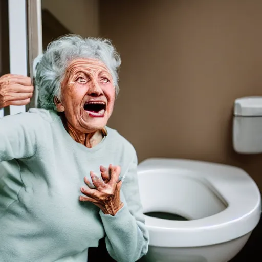 Image similar to elderly woman screaming at a toilet, canon eos r 3, f / 1. 4, iso 2 0 0, 1 / 1 6 0 s, 8 k, raw, unedited, symmetrical balance, wide angle