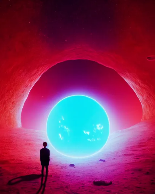 Image similar to a person standing in front of a glowy open door that's on a barren moon, poster art by mike winkelmann, trending on cg society, space art, sci - fi, ue 5, futuristic, volumetric lighting, light casting onto the ground, neat composition and camera angle