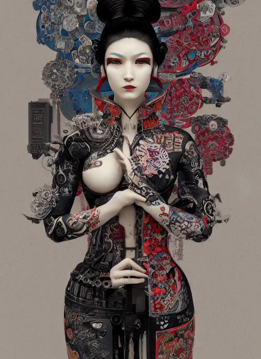 Image similar to portrait of a seductive cyberpunk geisha yakuza, imari, modern fine art, fractal, in the style of ex - machina, intricate ornaments, elegant, highly detailed, digital photography, subsurface scattering, by mc escher and greg rutkowski,