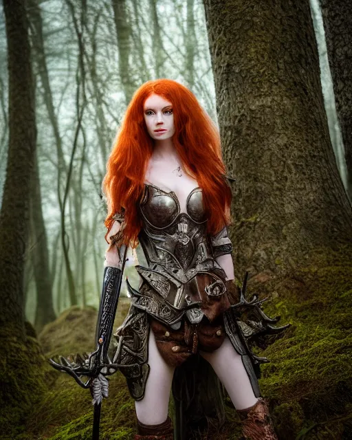 Image similar to 5 5 mm portrait photo of an armored redhead woman with a sword, and antlers growing from her head. magical forest in the backgeound. by luis royo. highly detailed 8 k. intricate. lifelike. soft light. nikon d 8 5 0. cinematic post - processing