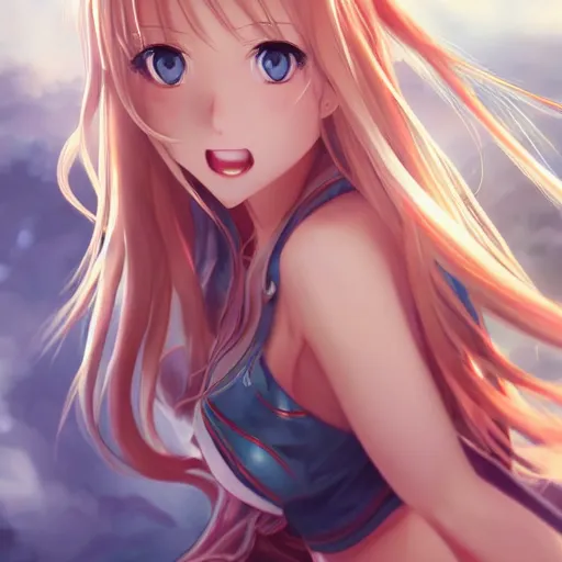 Image similar to a very beautiful mature yuuki asuna, full body, long wavy blond hair, sky blue eyes, full round face, bikini, miniskirt, front view, mid - shot, highly detailed, cinematic wallpaper by stanley artgerm lau