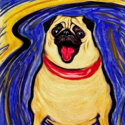 Prompt: a mouth-opened pug in shock , in the Style of The Scream , painted by Edvard Munch