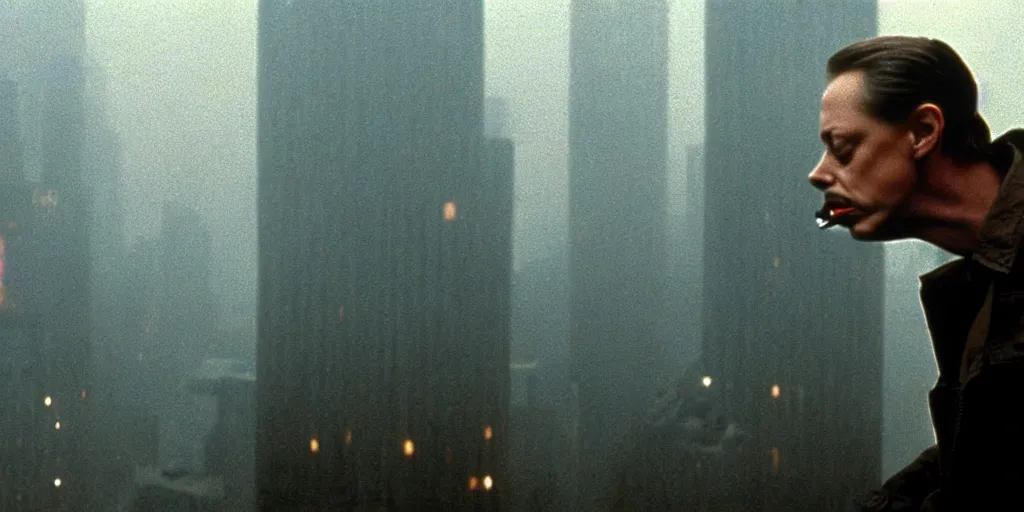 Image similar to beautiful cinematic film still of steve buscemi smoking a cigarette on a building top overlooking the rainy city in blade runner, 4 k