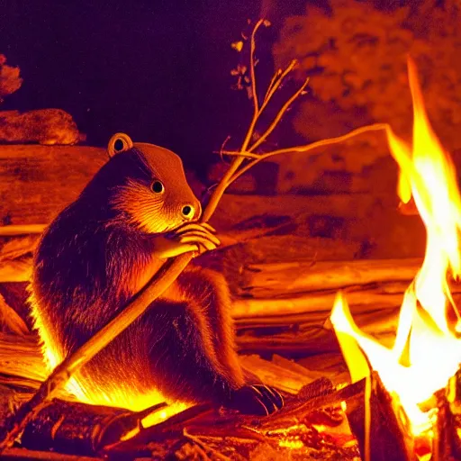 Image similar to beaver being spit roasted over a campfire at night, photograph