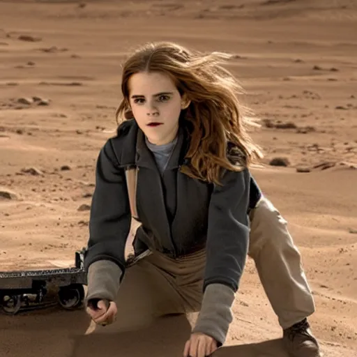 Prompt: photo of Emma Watson as Hermione Granger drving a roving vehicle for mars exploration, industrial design.