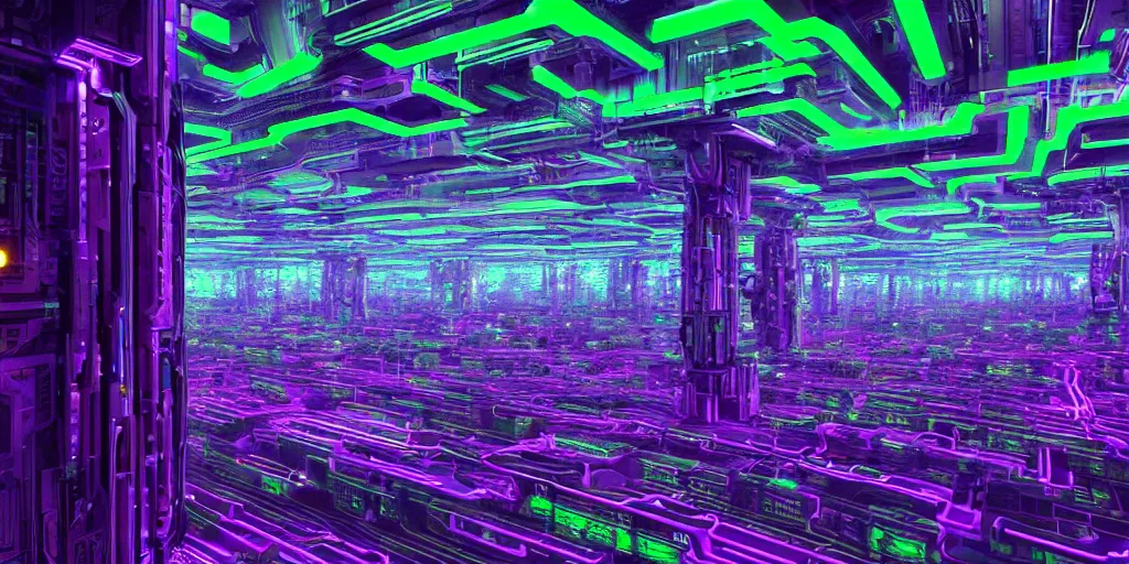 Image similar to a landscape view of a cybernetic cathedral overlooking an higway made of rows of glowing green codes and symbols, cyberpunk, beautiful detailed, cinematic, strong lighting, hi - fructose art magazine, photorealistic, 8 k, gradient cyan to purple, by paul lehr and david heskin