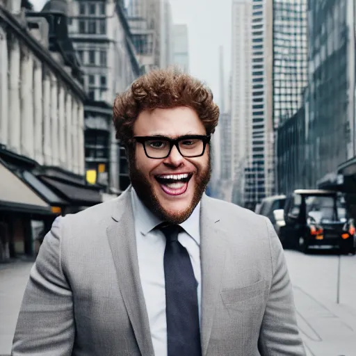 Prompt: seth rogan on a street wearing a suit, laughing, portrait, realistic, city street, detailed, depth of field, sharp focus