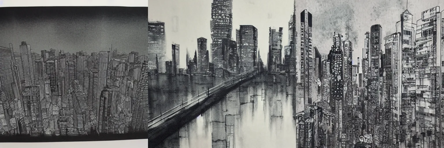 Prompt: cyberpunk cityscape, traditional Japanese ink-wash painting, sumi-e