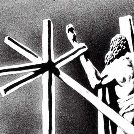 Image similar to an actor crucifies god and satan on an electric cross
