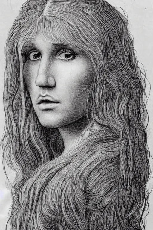 Prompt: a portrait of kesha in the style of leonardo da vinci drawing,, single head, no double head,