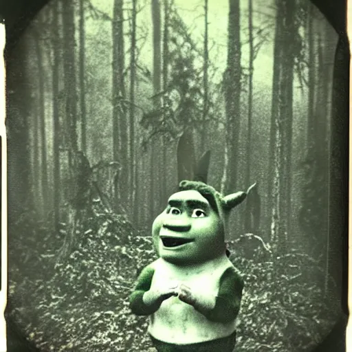 Image similar to 1 9 6 0's old polaroid of shrek staring from the depths of the dark gloomy forest, photorealistic, grainy, found footage, old film, low quality, horror, creepy, unsettling, liminal, strangely terrifying