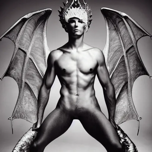 Image similar to a man with dragon wings, large format film fashion photograph by richard avedon