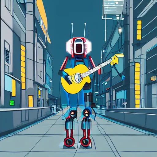 Image similar to A cell animation of a robot playing guitar standing in a futuristic city street, macross, gundam, ghibli style, illustration, anime, trending on artstaion