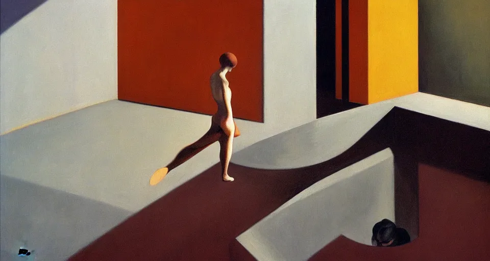 Prompt: photorealistic painting : figure head coming out of drain head, liminal space, oil on canvas, edward hopper vibe, oskar schlemmer gegenlicht, 2 0 0 5, painting by andrea eitel