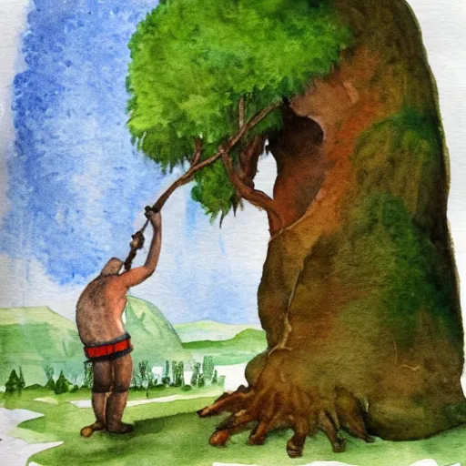 Image similar to a watercolour painting of a giant ogre using a tree for a club