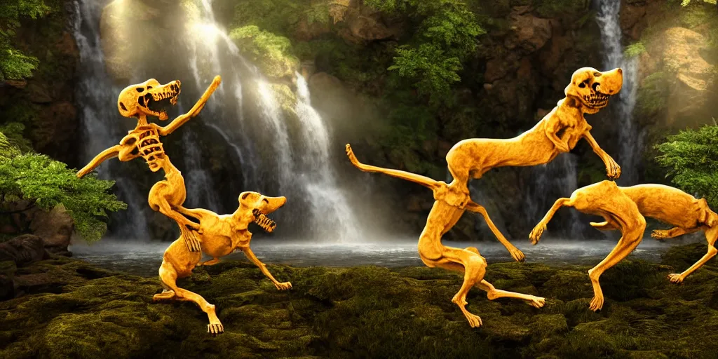 Image similar to 3d renderings of two dog Skeletons fighting in front of a waterfall, infographic for imaginary animals, golden hour, backlit by an alien planet, sharp focus, psychedelic LSD manga, hyper realistic, detailed, octane render