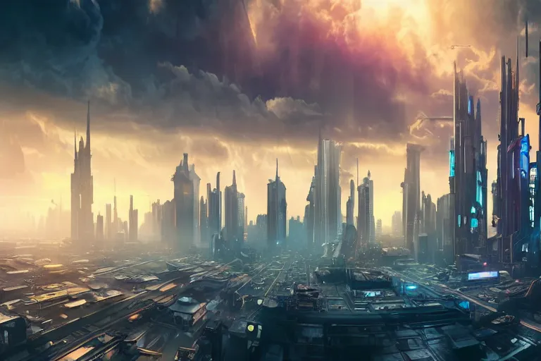 a matte painting of cyberpunk city, skyscrapers