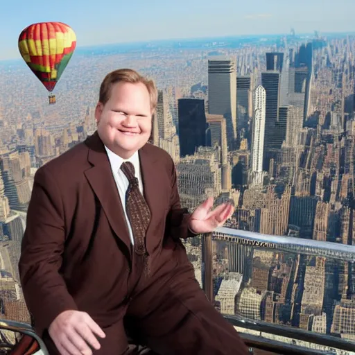 Image similar to Andy Richter wearing a brown suit and necktie riding in the basket of a hot air balloon above nyc