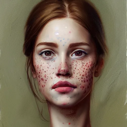 Prompt: Facial portrait of a pretty cottagecore girl, looking at the camera, slight awkward smile, lips slightly parted, very light freckles, no hands visible, extremely detailed painting by Greg Rutkowski and by Steve Henderson and by Harumi Hironaka