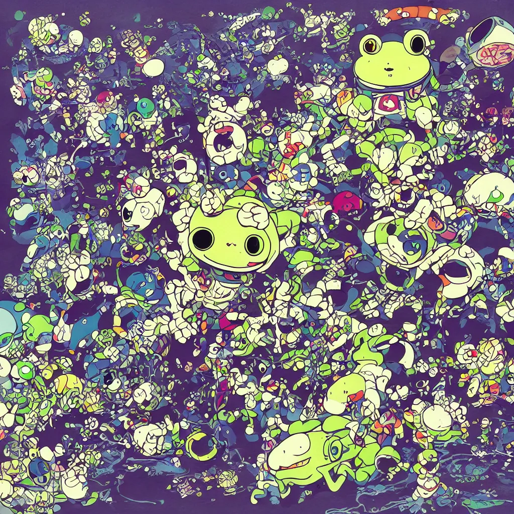 Image similar to toads, frogs, ryuta ueda artwork, breakcore, style of jet set radio, y 2 k, gloom, space, cel - shaded art style, indigo rainbow, data, minimal, takashi murakami artwork, code, cybernetic, dark, eerie, cyber