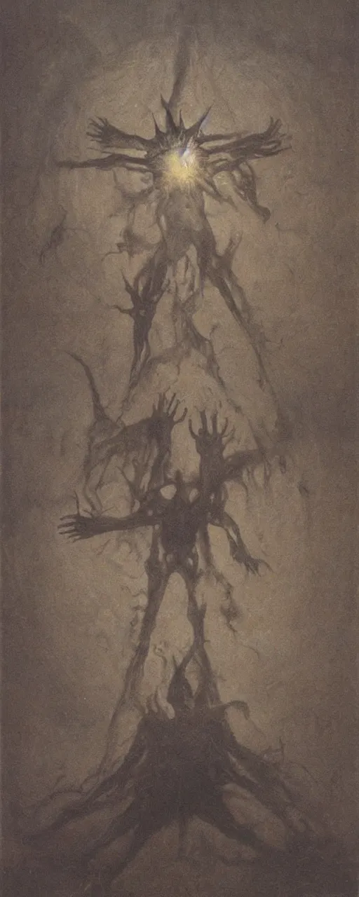 Image similar to Child summoning a demon, pentagram, dark house, painted by Zdzisław Beksiński