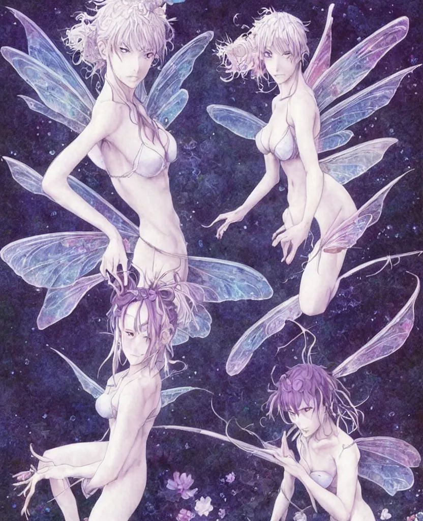 Image similar to an attractive faery appearing from another reality to grant me 3 wishes. art by yoshiyuki sadamoto