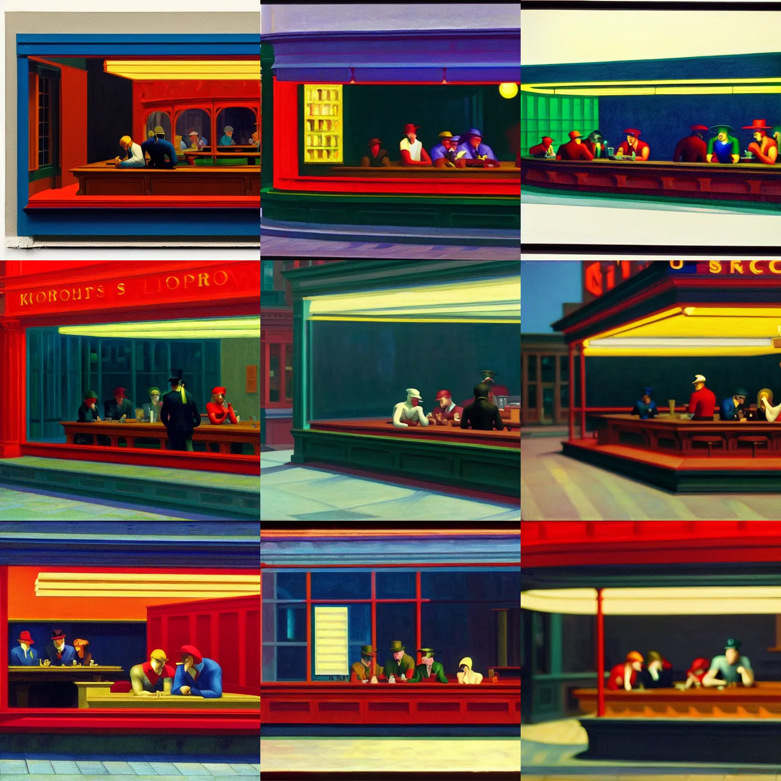 Prompt: 'Nighthawks' by Edward Hopper, kodak gold 200, 200mm lens, film grain, soft shadows, shallow focus, refraction caustics, halation, chromatic aberration, bokeh