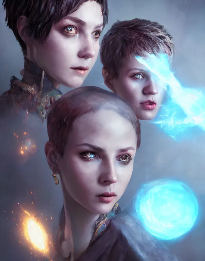 Image similar to An epic fantastic realism comic book style portrait painting of a pretty young sorcerous woman, short pixie haircut, glowing eyes, D&D Concept Art, unreal 5, DAZ, hyperrealistic, octane render, cosplay, RPG portrait, dynamic lighting