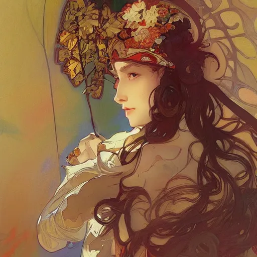 Prompt: krenzcushart, alphonse mucha, j. c. leyendecker, and ruan jia combined art