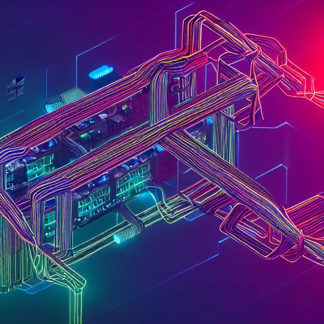 Image similar to beautiful 3 d render of blockchain, futuristic circuit blocks connected with thick glowing wires, centered, symmetry, painted, intricate, volumetric lighting, beautiful, rich deep colors masterpiece, sharp focus, ultra detailed, in the style of dan mumford and marc simonetti, astrophotography