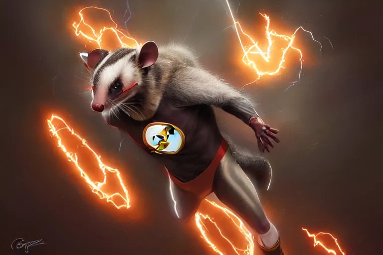 Image similar to a stunning digital painting of a opossum as the flash in spandex costume, running in the speedforce by greg rutkowski, volumetric light, digital art, fine detail, photorealistic