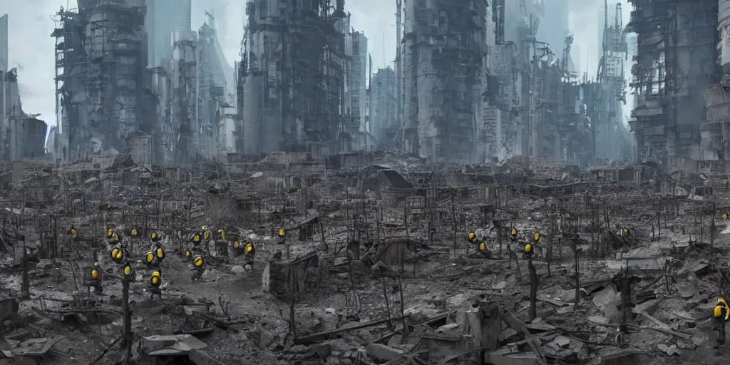 Prompt: army of minions in the middle of the ruins of cyberpunk moscow after the bombing, a minimum of surviving houses, a dim sky, a dead city