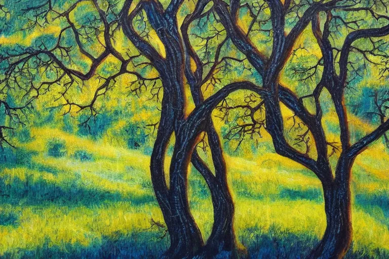 Image similar to masterpiece painting of oak trees on a hillside overlooking a creek, dramatic lighting, by alayna danner