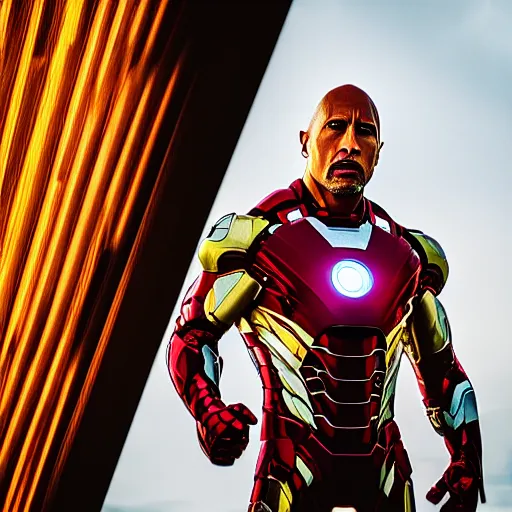 Image similar to dwayne johnson as ironman, photography, headshot, headpiece, female character, canon eos r 3, f / 1. 4, iso 2 0 0, 1 / 1 6 0 s, 8 k, raw, unedited, symmetrical balance, in - frame