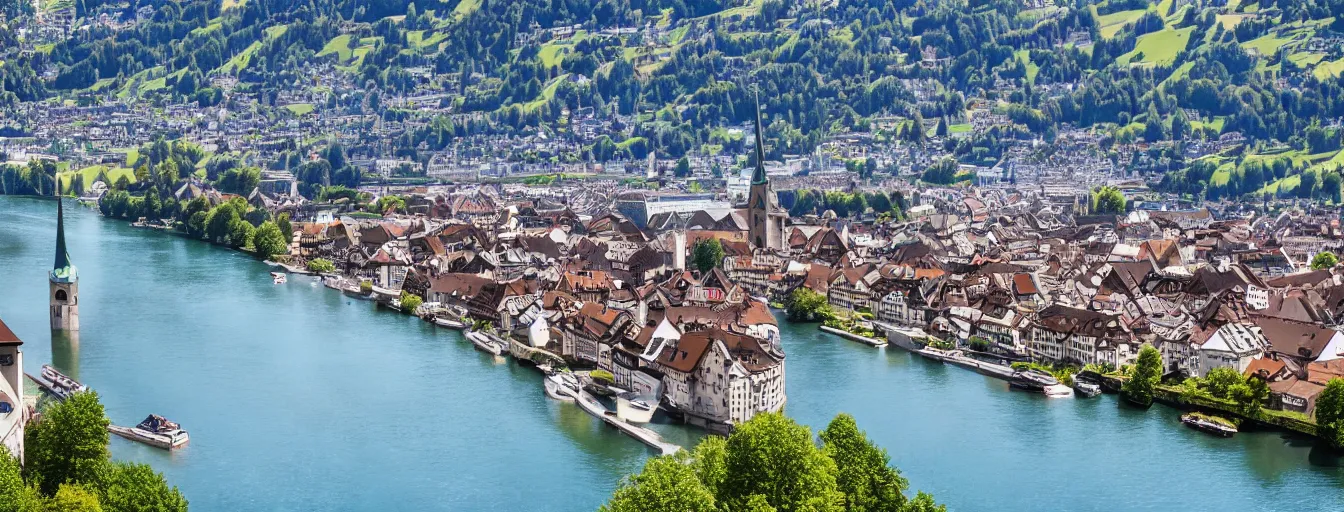 Image similar to Photo of Zurich, looking down the Limmat at the lake and the alps, Hardturm, Grossmünster, Lindenhof, Üetliberg, wide angle, volumetric light, hyperdetailed, light blue water, artstation, cgsociety, 8k