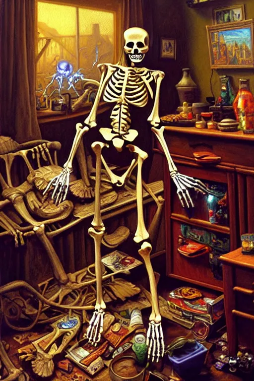 Prompt: classic oil painting, a skeleton is dancing, as a dnd character, inside a cluttered living room, cottagecore, highly detailed, digital illustration, concept art, smooth, sharp focus, happy, art by tim hildebrandt, and greg hildebrandt