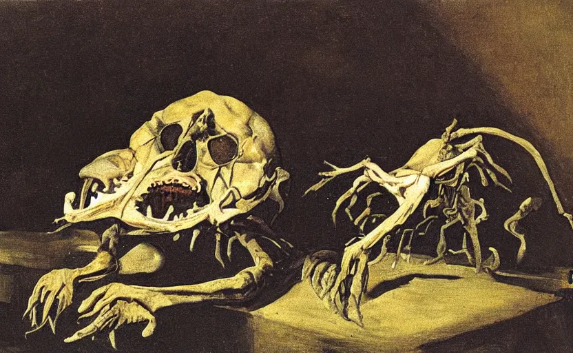 Prompt: a teratoma full of crooked teeth in the middle of an empty room painted by goya and giorgio de chirico