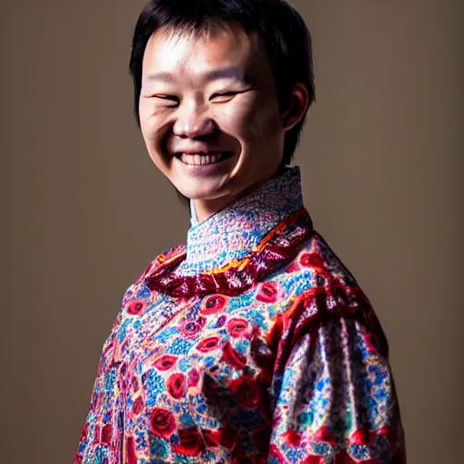 Image similar to photography of smiling kim chen in. kim chen in is wearing traditional - ukrainian folk shirt designed by taras shevchenko.