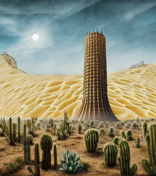 Prompt: surreal theory of a white stepped high tech architecture, ancient epic tower of babylon in the mining tailings in the desert, biroremediation plant, foggy, patchy cactus, oil painting, pale colors, high detail, 8 k, wide angle, trending on artstation, behance