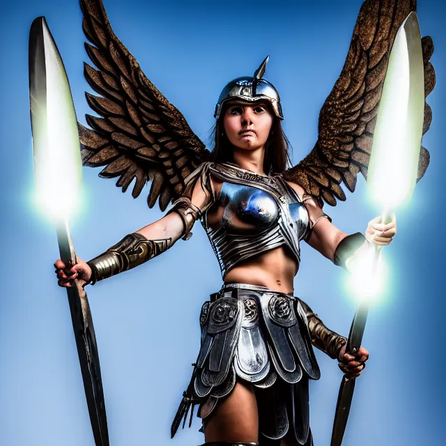 Prompt: photo of a real - life winged valkyrie warrior with light powers, highly detailed, 4 k, hdr, smooth, sharp focus, high resolution, award - winning photo
