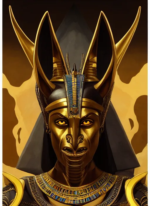 Prompt: close up portrait of evil anubis, egyptian symbolism, fair olive skin, yellow pupils, sneering moroccan man by artgerm, cushart krenz, greg rutkowski, mucha. art nouveau. gloomhaven, swirly looping ripples, dark colors, sharp edges. ultra clear detailed. 8 k. elegant, intricate, octane render