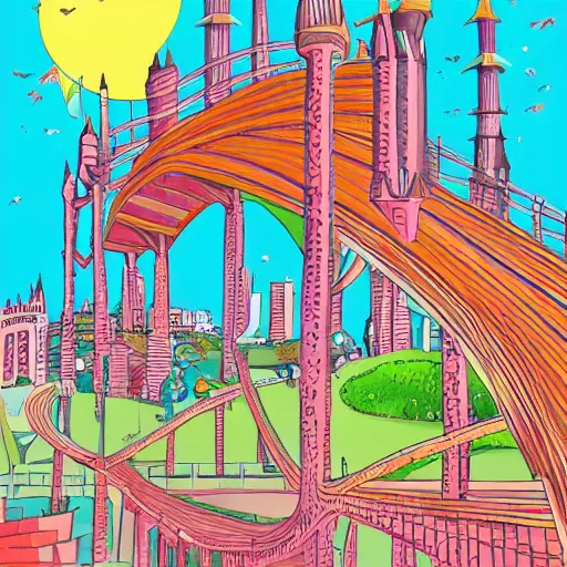 Image similar to fanciful city filled with curvy buildings, by dr seuss, oh the places you'll go, arches, platforms, towers, bridges, stairs, colorful kids book illustration