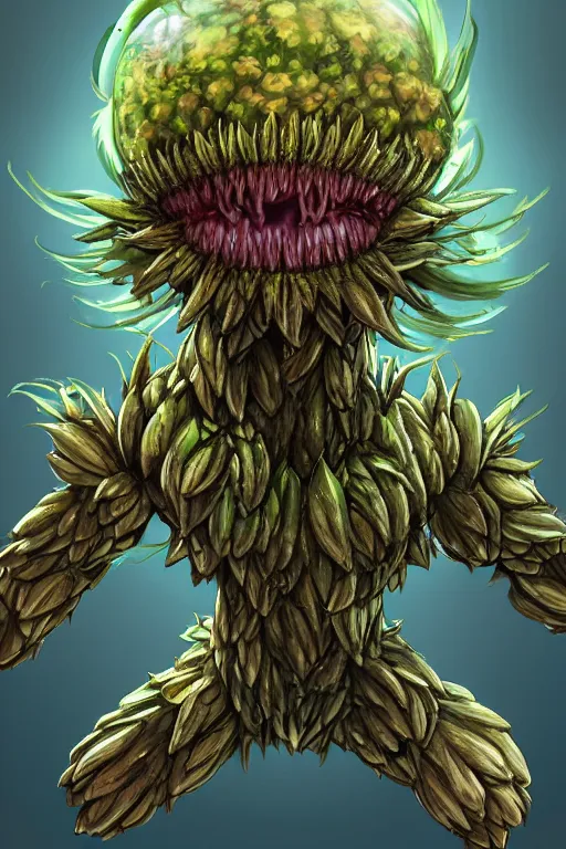 Image similar to a humanoid figure artichoke monster with large sphere eyes and a voracious mouth, highly detailed, digital art, sharp focus, trending on art station, plant, anime art style