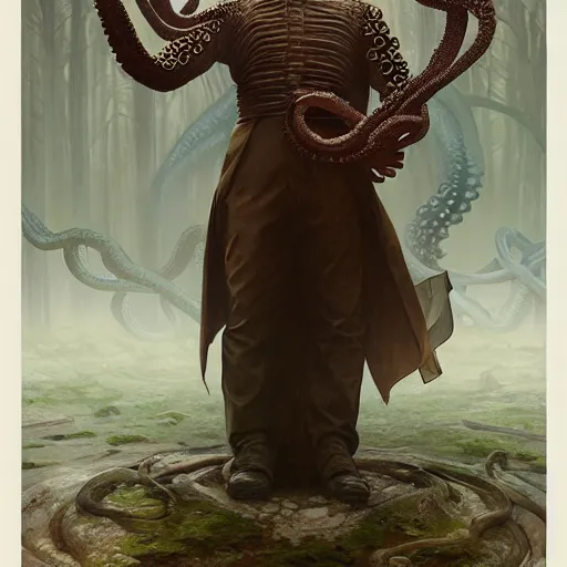 Image similar to photo of vladimir lenin as humanoid octopus hybrid were a heroic dress an armour in the forest, highly detailed, digital painting, artstation, smooth, sharp focus, illustration, art by artgerm and greg rutkowski and alphonse mucha