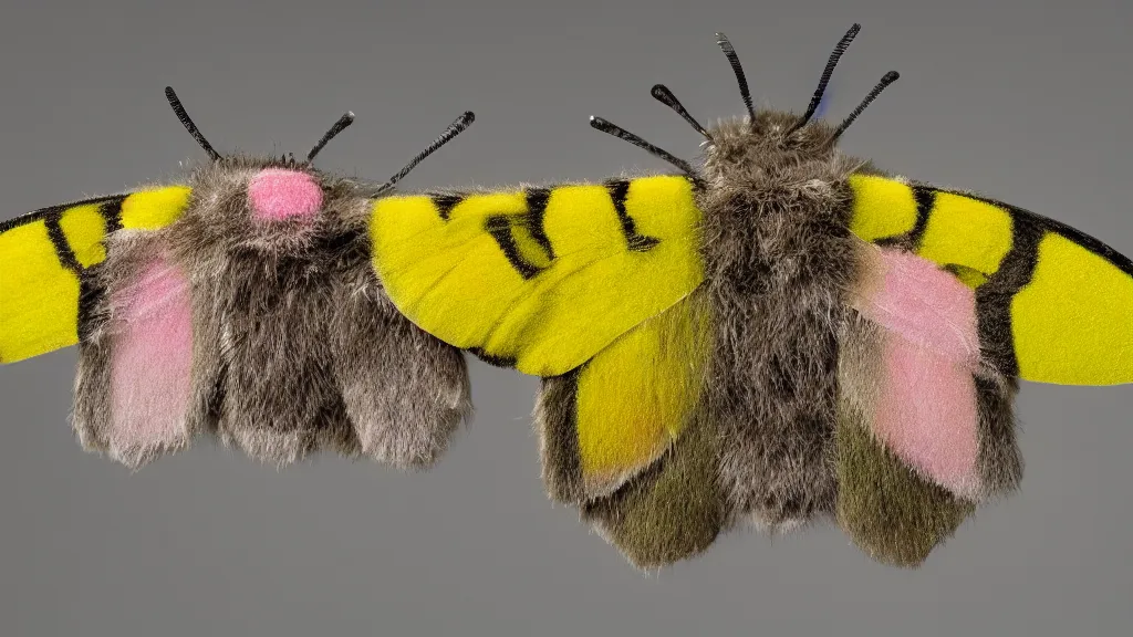 Prompt: 35mm photo of a pinned fuzzy moth on a white background. The wings have a geometric neon pattern in fluorescent yellows, pinks, and greens. Studio lighting, macro, high detail, scientific