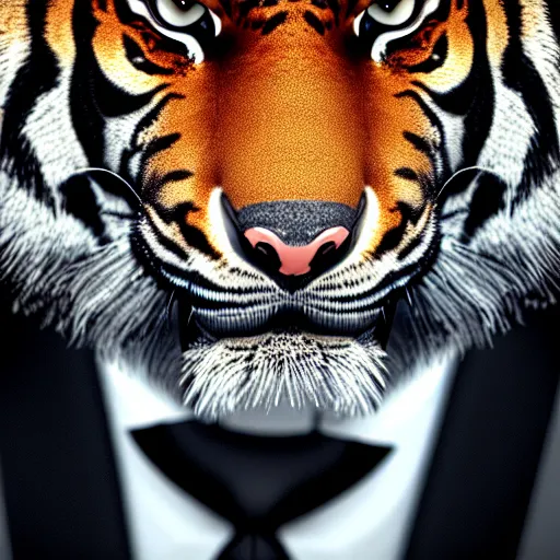 Image similar to anthropomorphic tiger in a black suit, ultra detail, ultra realistic, soft fur, ssao 8 k