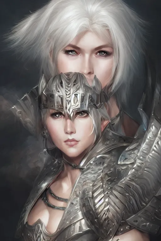 Image similar to A realistic anime portrait of a white haired female barbarian wearing an intricate armor, digital painting, by Stanley Artgerm Lau, Sakimichan, WLOP and Rossdraws, digtial painting, trending on ArtStation, SFW version