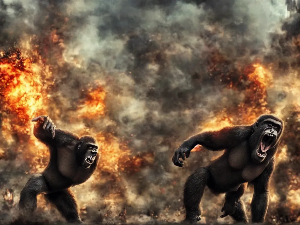 Prompt: An king Kong rage on street, Hollywood scene , cinematic , 2012, end of the world movie , full color