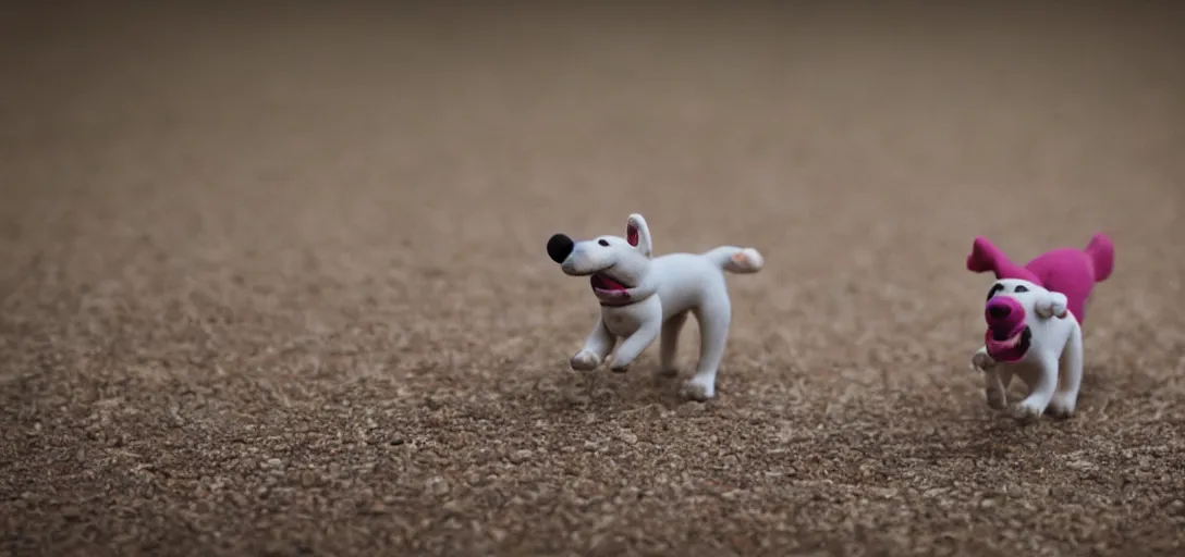 Image similar to dog playing fetch, claymation, stop motion, shallow depth of field