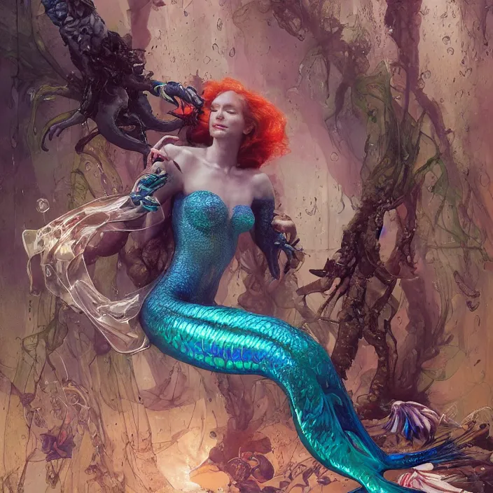 Image similar to a fashion editorial of cate blanchet as a brightly colored mermaid amphibian hybrid with wet translucent skin underwater. wearing an growing organic exosuit. by tom bagshaw, donato giancola, hans holbein, walton ford, gaston bussiere and peter mohrbacher. 8 k, cgsociety